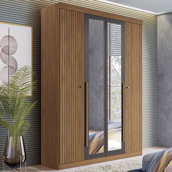 Guarda-Roupa Casal Loanda 4 Portas 2 Gavetas Ripado Flex Jatoba/Grafite com Espelho - Pnr Móveis