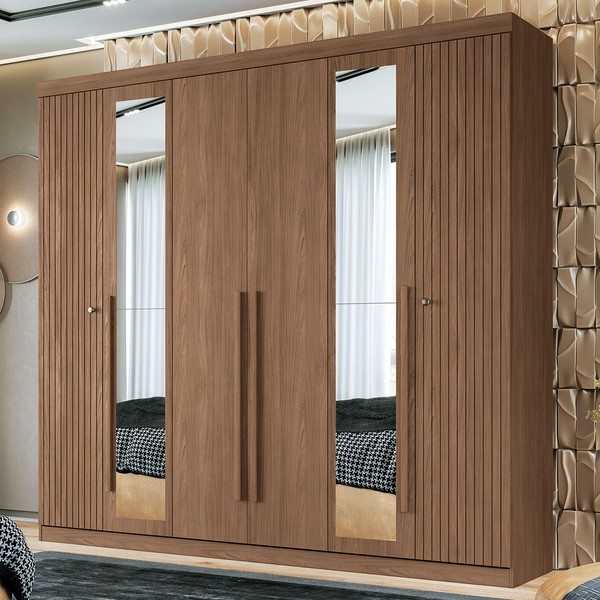 Guarda-Roupa Casal Loanda 6 Portas 4 Gavetas Frisado com Espelho Jatobá - Pnr Móveis