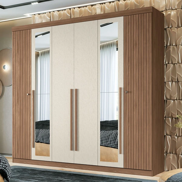 Guarda-Roupa Casal Loanda 6 Portas 4 Gavetas Frisado com Espelho Jatobá/Areia - Pnr Móveis