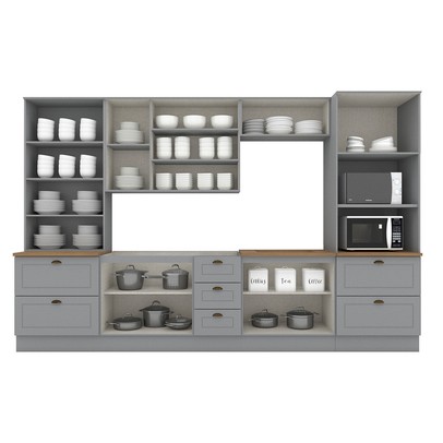 Cozinha Completa Americana 12 Portas 7 Gavetas com Vidro 100% Mdf Cinza/Nature - Henn