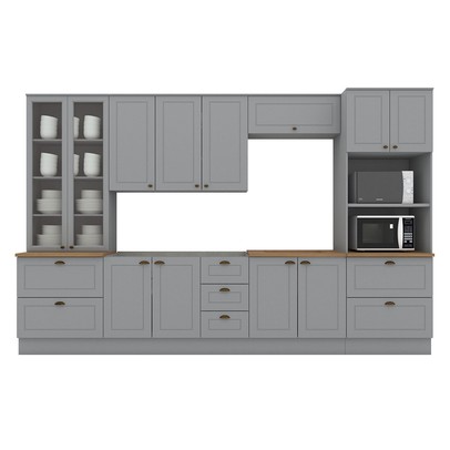 Cozinha Completa Americana 12 Portas 7 Gavetas com Vidro 100% Mdf Cinza/Nature - Henn
