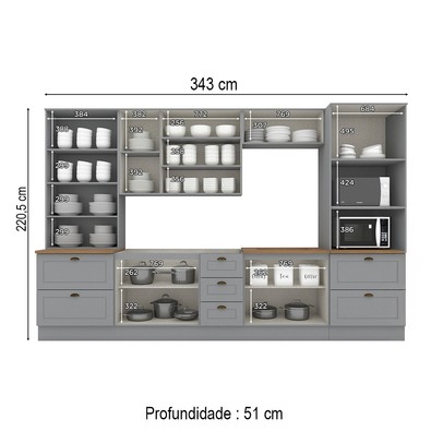 Cozinha Completa Americana 12 Portas 7 Gavetas com Vidro 100% Mdf Cinza/Nature - Henn