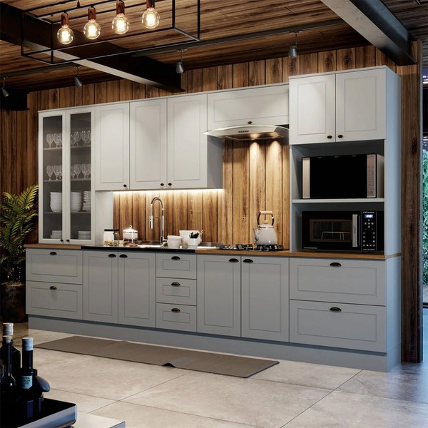 Cozinha Completa Americana 12 Portas 7 Gavetas com Vidro 100% Mdf Cinza/Nature - Henn