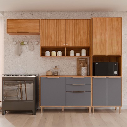 Cozinha Completa Helena 9 Portas 2 Gavetas Ripado Cinamomo/Titanium - Pnr Móveis