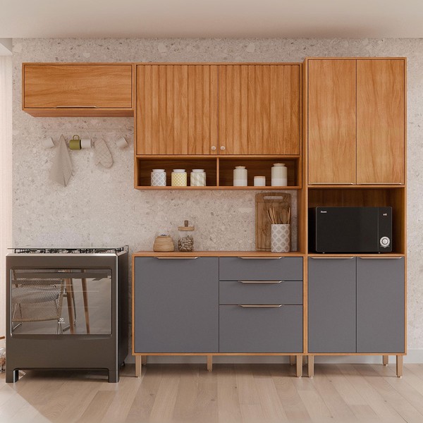 Cozinha Completa Helena 9 Portas 2 Gavetas Ripado Cinamomo/Titanium - Pnr Móveis