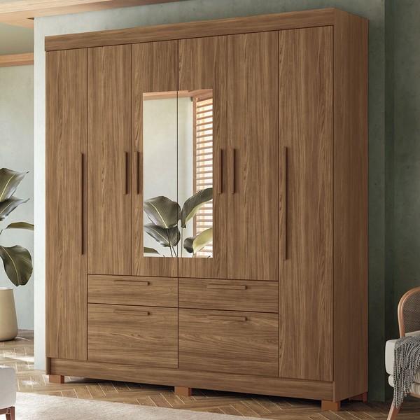 Guarda-Roupa Casal Pérola 6 Portas 4 Gavetas Jatoba com Espelho - Pnr Móveis