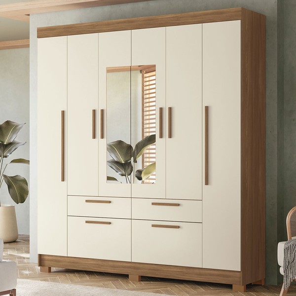 Guarda-Roupa Casal Pérola 6 Portas 4 Gavetas Jatoba/Areia com Espelho - Pnr Móveis