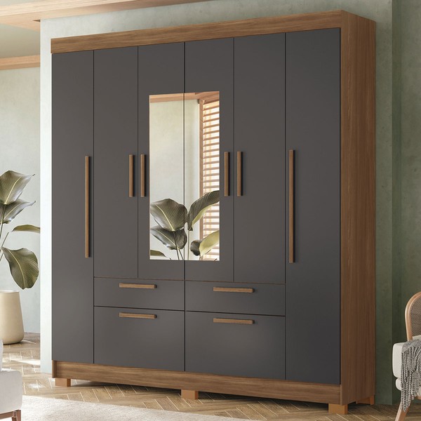 Guarda-Roupa Casal Pérola 6 Portas 4 Gavetas Jatoba/Grafite com Espelho - Pnr Móveis