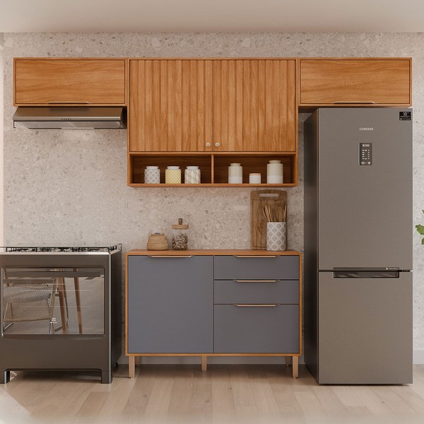 Cozinha Completa Helena 6 Portas 2 Gavetas Ripado Cinamomo/Titanium - Pnr Móveis