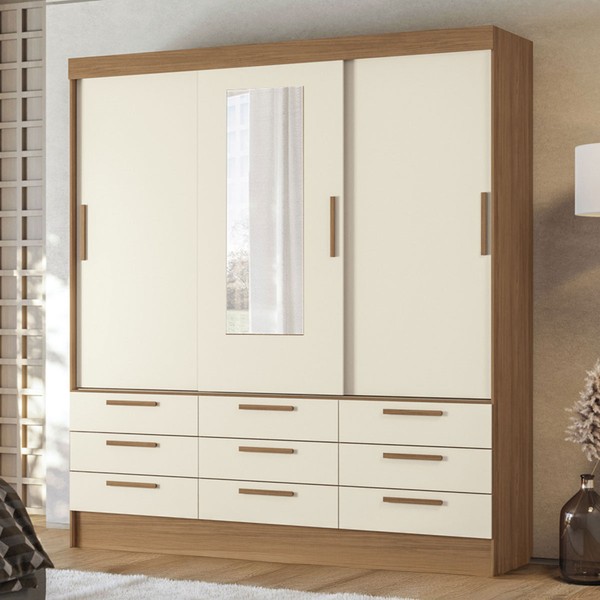 Guarda-Roupa Casal Albatroz 3 Portas 9 Gavetas Jatoba/Areia com Espelho - Pnr Móveis