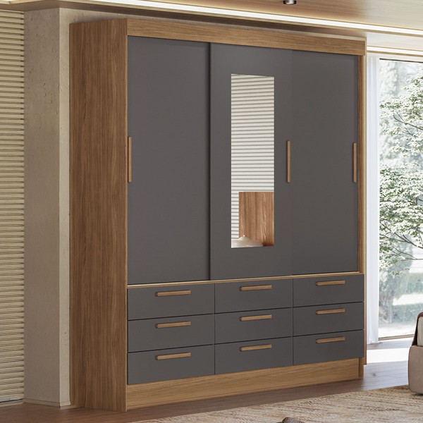 Guarda-Roupa Casal Albatroz 3 Portas 9 Gavetas Jatoba/Grafite com Espelho - Pnr Móveis