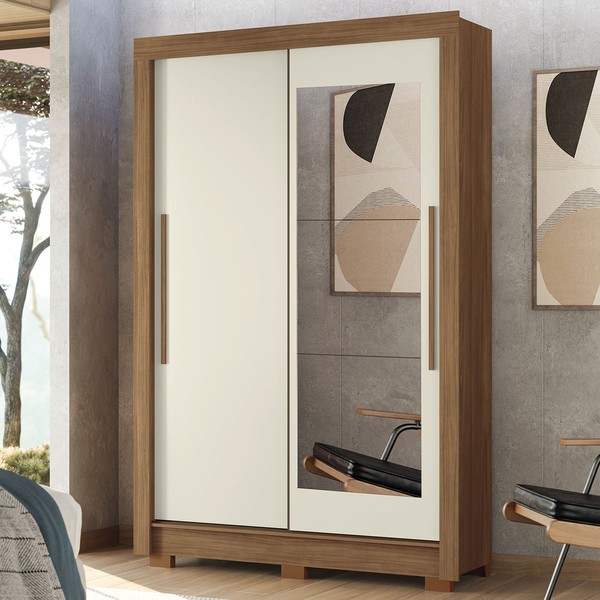Guarda-Roupa Solteiro Jardins 2 Portas 2 Gavetas Jatoba/Areia com Espelho - Pnr Móveis