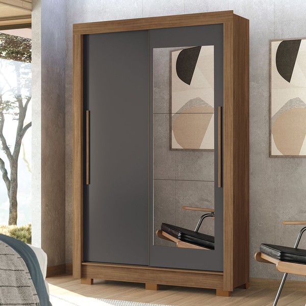 Guarda-Roupa Solteiro Jardins 2 Portas 2 Gavetas Jatoba/Grafite com Espelho - Pnr Móveis
