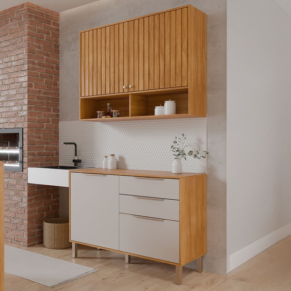 Cozinha Compacta Helena 4 Portas 2 Gavetas Ripado Cinamomo/Off White - Pnr Móveis