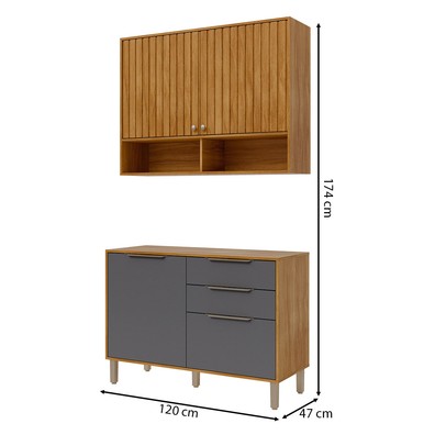 Cozinha Compacta Helena 4 Portas 2 Gavetas Ripado Cinamomo/Titanium - Pnr Móveis