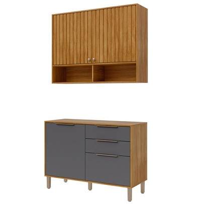 Cozinha Compacta Helena 4 Portas 2 Gavetas Ripado Cinamomo/Titanium - Pnr Móveis