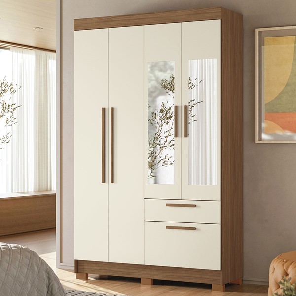Guarda-Roupa Solteiro Sonora 4 Portas 2 Gavetas Jatoba/Areia  com Espelho - Pnr Móveis