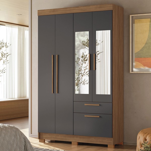 Guarda-Roupa Solteiro Sonora 4 Portas 2 Gavetas Jatoba/Grafite  com Espelho - Pnr Móveis