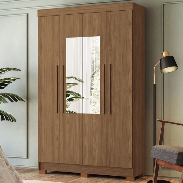 Guarda-Roupa Solteiro Iporá 4 Portas 2 Gavetas Jatoba com Espelho - Pnr Móveis