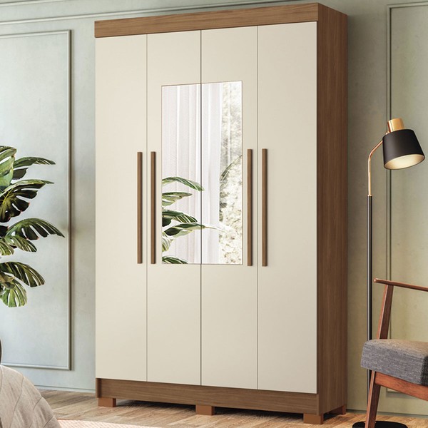 Guarda-Roupa Solteiro Iporá 4 Portas 2 Gavetas Jatoba/Areia com Espelho - Pnr Móveis