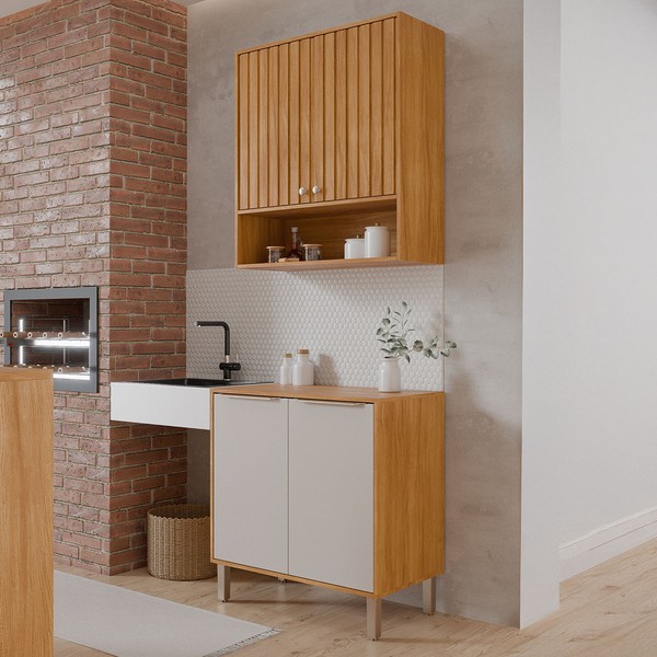 Cantinho do Churrasco Helena 4 Portas Ripado Cinamomo/Off White - Pnr Móveis