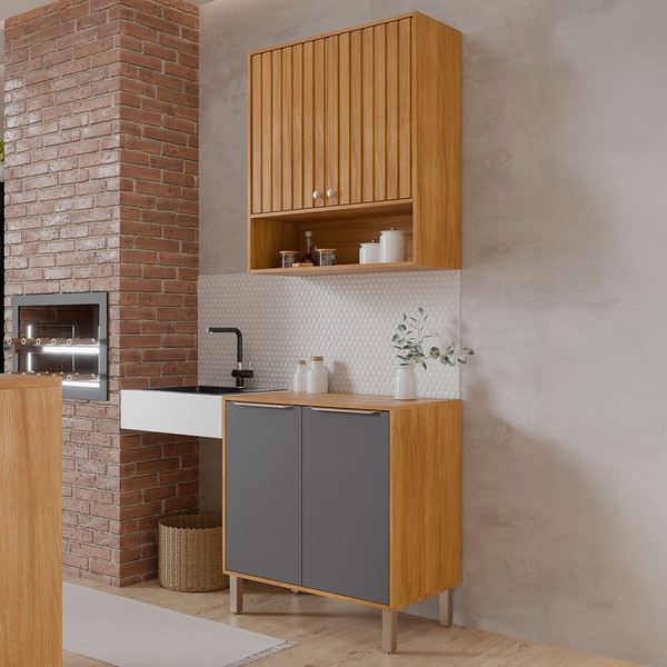 Cantinho do Churrasco Helena 4 Portas Ripado Cinamomo/Titanium - Pnr Móveis