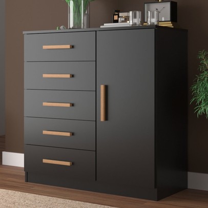Cômoda New Monaco 1 Porta 5 Gavetas Black - Evidencia Móveis