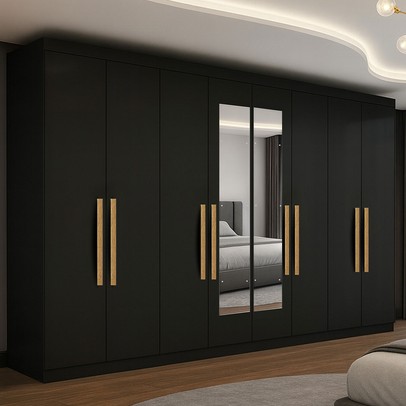 Guarda-Roupa Casal German 8 Portas 4 Gavetas com Espelho Preto - Maxel