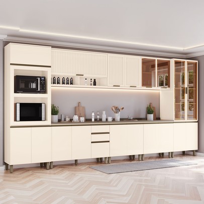 Cozinha Completa Connect 19 Portas 2 Gavetas com Vidro 100% Mdf Off White - Henn