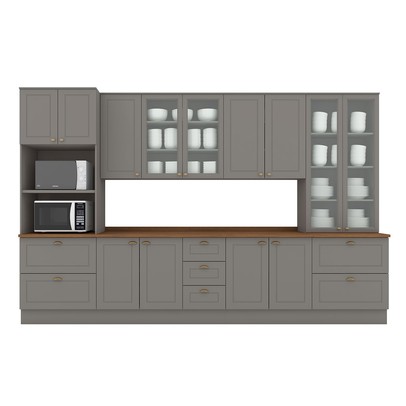 Cozinha Completa Americana 13 Portas 7 Gavetas com Vidro 100% Mdf  Cinza/Nature - Henn
