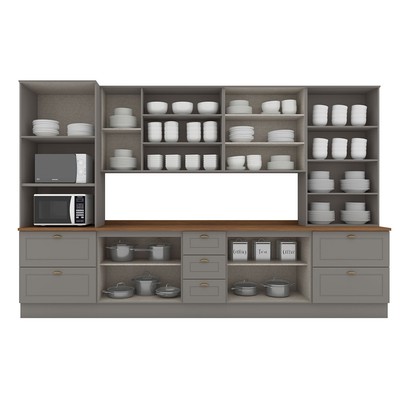 Cozinha Completa Americana 13 Portas 7 Gavetas com Vidro 100% Mdf  Cinza/Nature - Henn