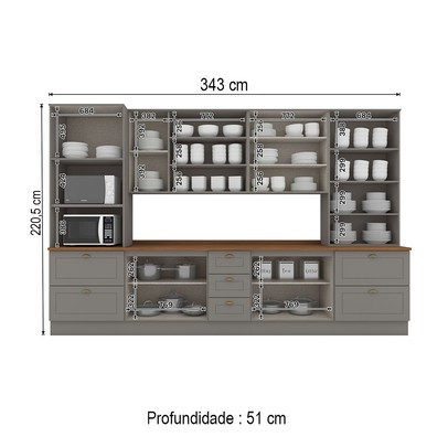 Cozinha Completa Americana 13 Portas 7 Gavetas com Vidro 100% Mdf  Cinza/Nature - Henn