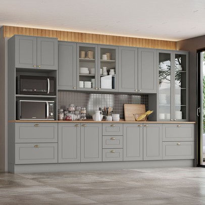 Cozinha Completa Americana 13 Portas 7 Gavetas com Vidro 100% Mdf  Cinza/Nature - Henn