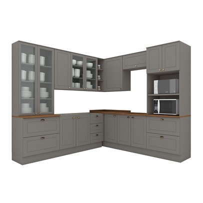 Cozinha Completa Americana 14 Portas 7 Gavetas com Vidro 100% Mdf Cinza/Nature - Henn