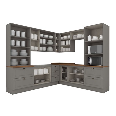 Cozinha Completa Americana 14 Portas 7 Gavetas com Vidro 100% Mdf Cinza/Nature - Henn