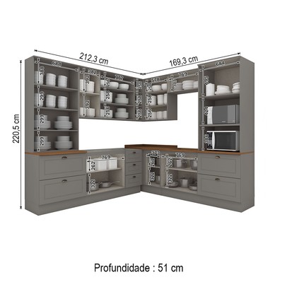 Cozinha Completa Americana 14 Portas 7 Gavetas com Vidro 100% Mdf Cinza/Nature - Henn