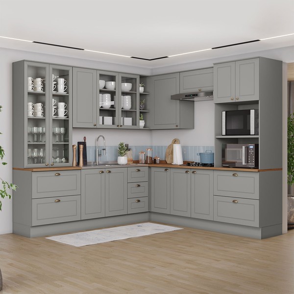 Cozinha Completa Americana 14 Portas 7 Gavetas com Vidro 100% Mdf Cinza/Nature - Henn