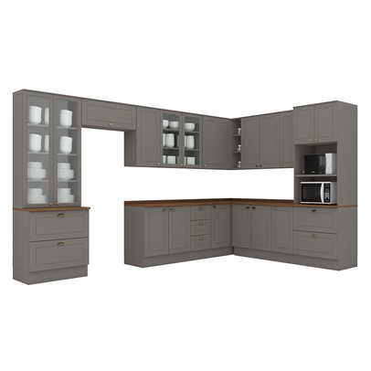 Cozinha Completa Americana 18 Portas 7 Gavetas com Vidro 100% Mdf Cinza/Nature - Henn