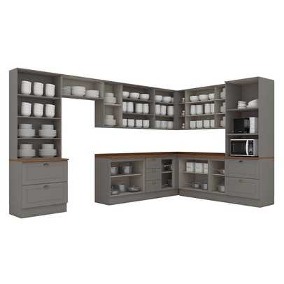 Cozinha Completa Americana 18 Portas 7 Gavetas com Vidro 100% Mdf Cinza/Nature - Henn