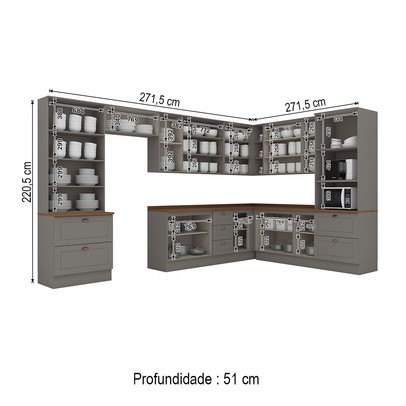 Cozinha Completa Americana 18 Portas 7 Gavetas com Vidro 100% Mdf Cinza/Nature - Henn