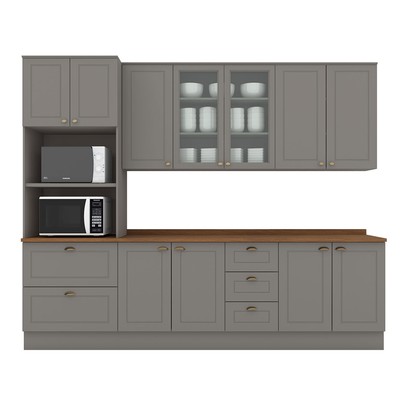 Cozinha Completa Americana 11 Portas 5 Gavetas com Vidro 100% Mdf Cinza/Nature - Henn