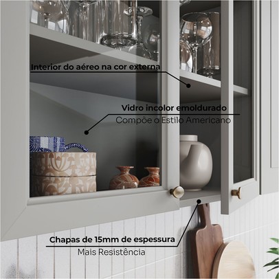 Cozinha Completa Americana 11 Portas 5 Gavetas com Vidro 100% Mdf Cinza/Nature - Henn
