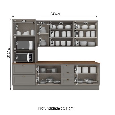 Cozinha Completa Americana 11 Portas 5 Gavetas com Vidro 100% Mdf Cinza/Nature - Henn