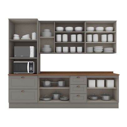 Cozinha Completa Americana 11 Portas 5 Gavetas com Vidro 100% Mdf Cinza/Nature - Henn