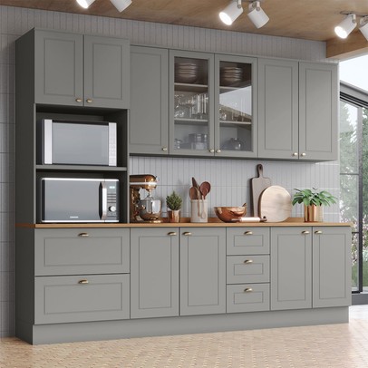Cozinha Completa Americana 11 Portas 5 Gavetas com Vidro 100% Mdf Cinza/Nature - Henn
