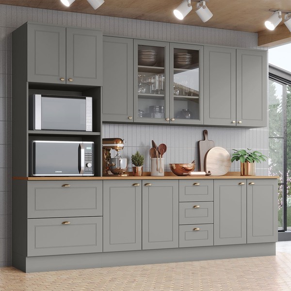 Cozinha Completa Americana 11 Portas 5 Gavetas com Vidro 100% Mdf Cinza/Nature - Henn