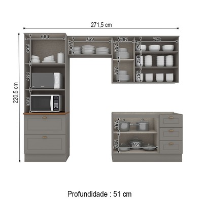 Cozinha Completa Americana 8 Portas 5 Gavetas com Vidro 100% Mdfcinza/Nature - Henn