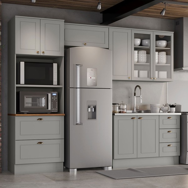 Cozinha Completa Americana 8 Portas 5 Gavetas com Vidro 100% Mdfcinza/Nature - Henn