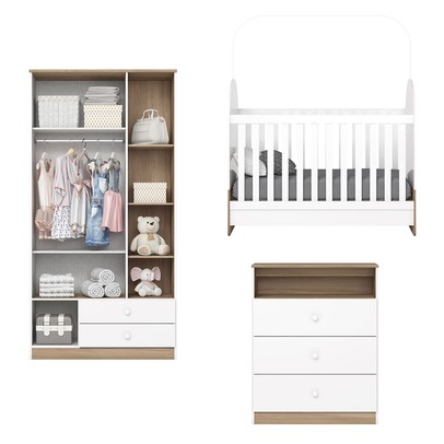 Quarto de Bebê Completo Magia 3 Portas 5 Gavetas Ie165-190 Branco/Jequitibá - Henn