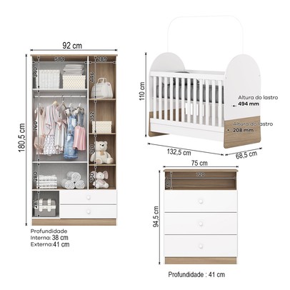 Quarto de Bebê Completo Magia 3 Portas 5 Gavetas Ie165-190 Branco/Jequitibá - Henn